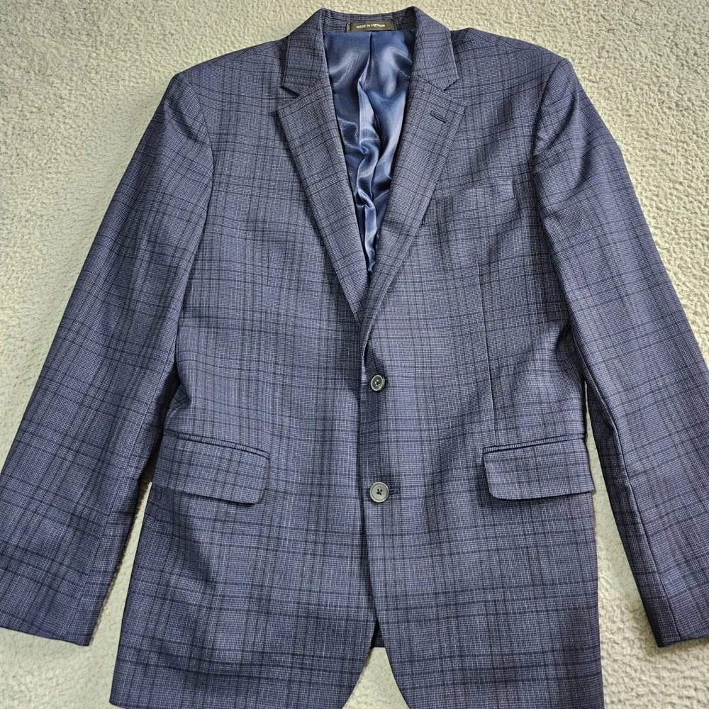 Awearness Kenneth Cole Sport Coat Mens 42R Blue Plaid Slim Fit Wool Blend Blazer